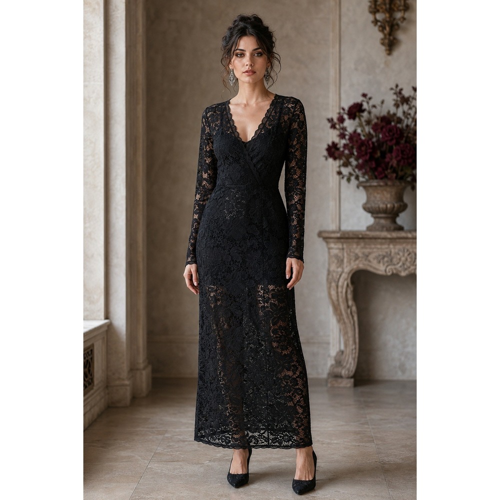 Black Floral Lace Dress Faux Wrap Sheer V-Neck Women XL Romantic Goth